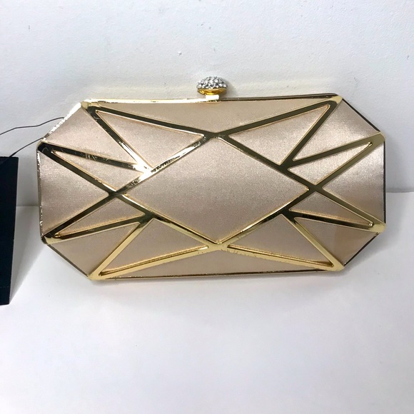 Handbags - NEW Gold Hard Structured Clutch with Gold Chain and Diamond Clasp Closure